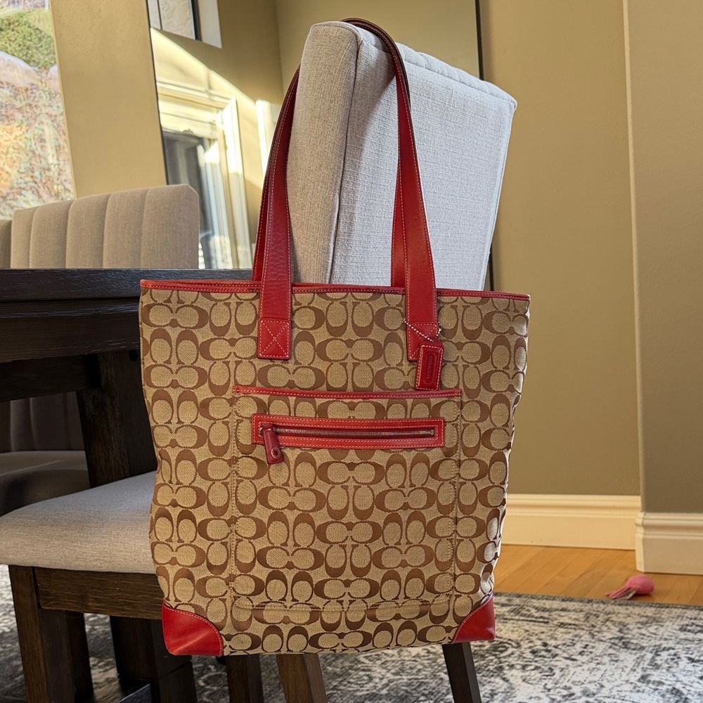 Vintage Coach Logo Canvas with Red Leather Tote Bag
